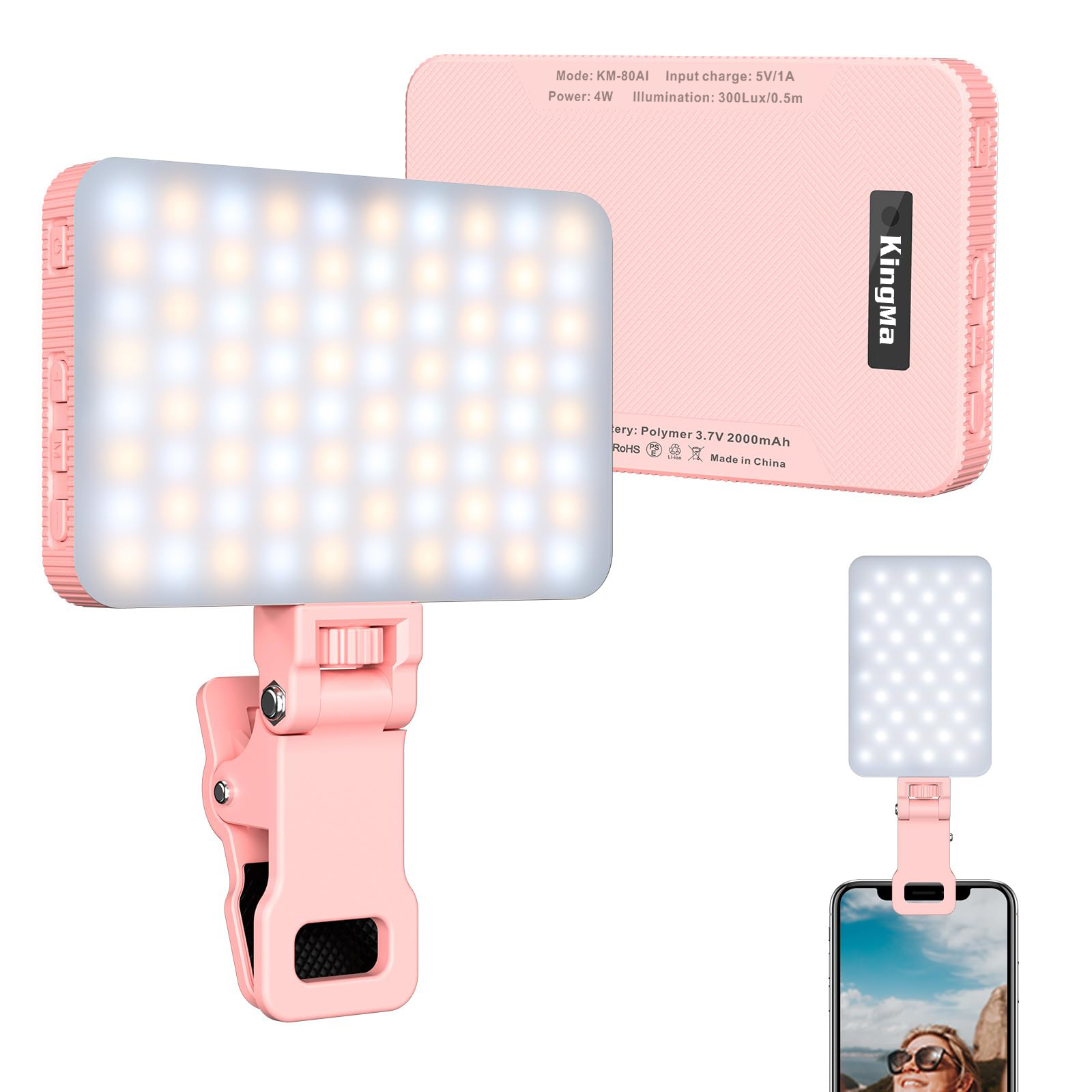 Photography Lighting Handheld - King Ma เซลฟี่แบบชาร์จไฟได้สีชมพูแบบคลิปบนแฟลชวิดีโอสำหรับโทรศัพท์/แล็ปท็อป/สำหรับเซลฟี่/แต่งหน้า/วิดีโอประชุม/TikTok